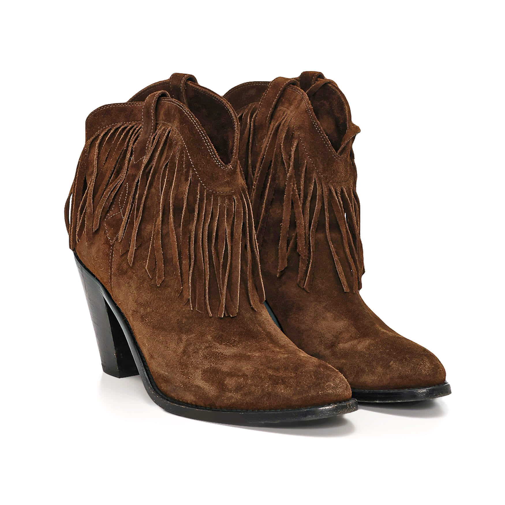 Yves Saint Lauent - Brown Suede Fringe Western Booties 